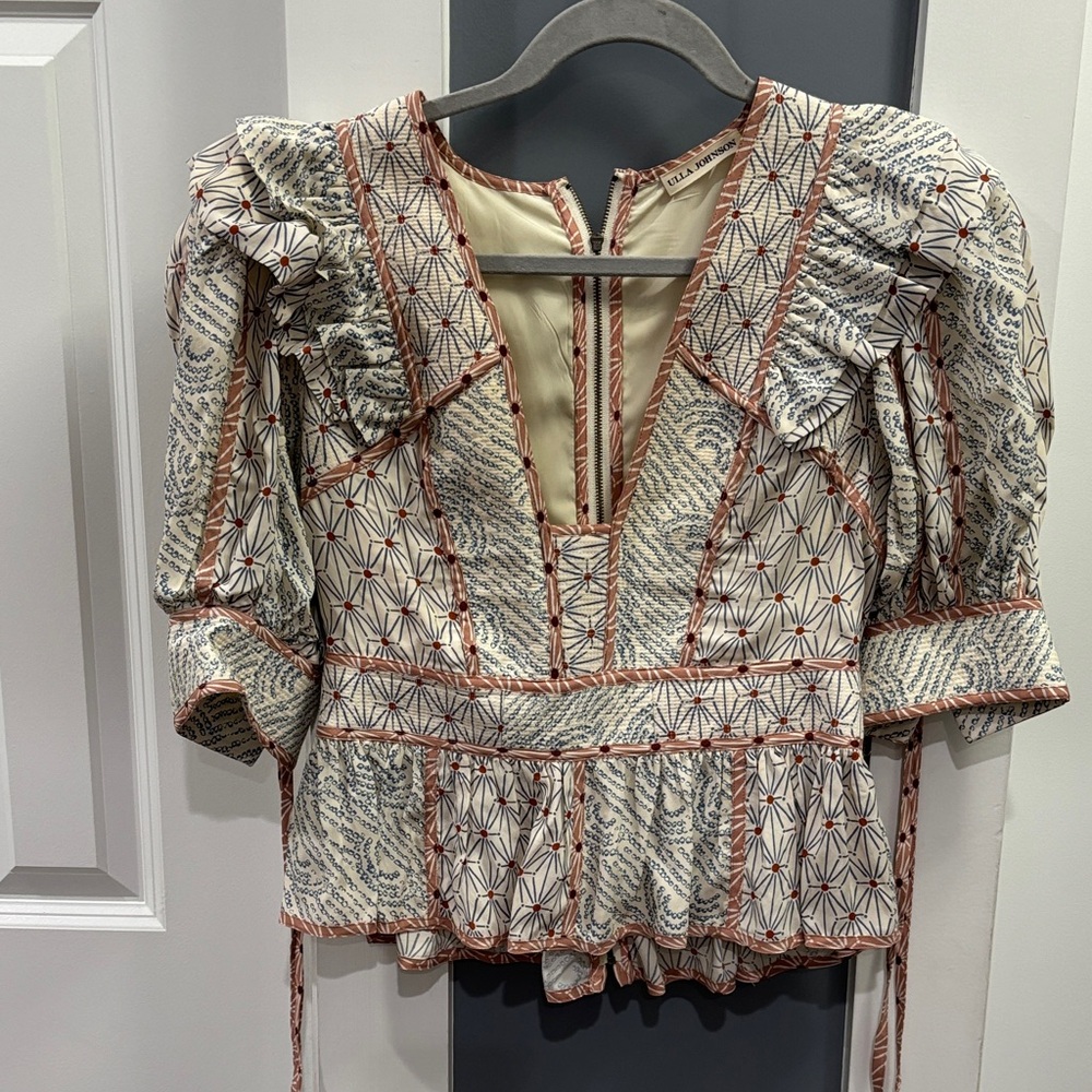 Ulla Johnson Ivory and Rust Printed Peplum Blouse - Picture 2 of 6